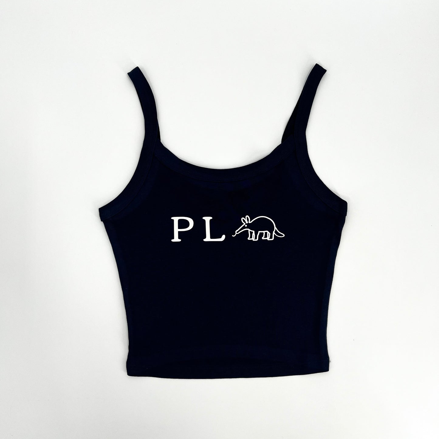 Navy blue crop top featuring funny vegan activism graphic PL-Anteater (Plant Eater)