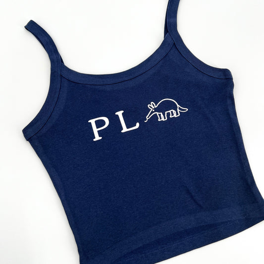 Navy blue crop top featuring funny vegan activism graphic PL-Anteater (Plant Eater)