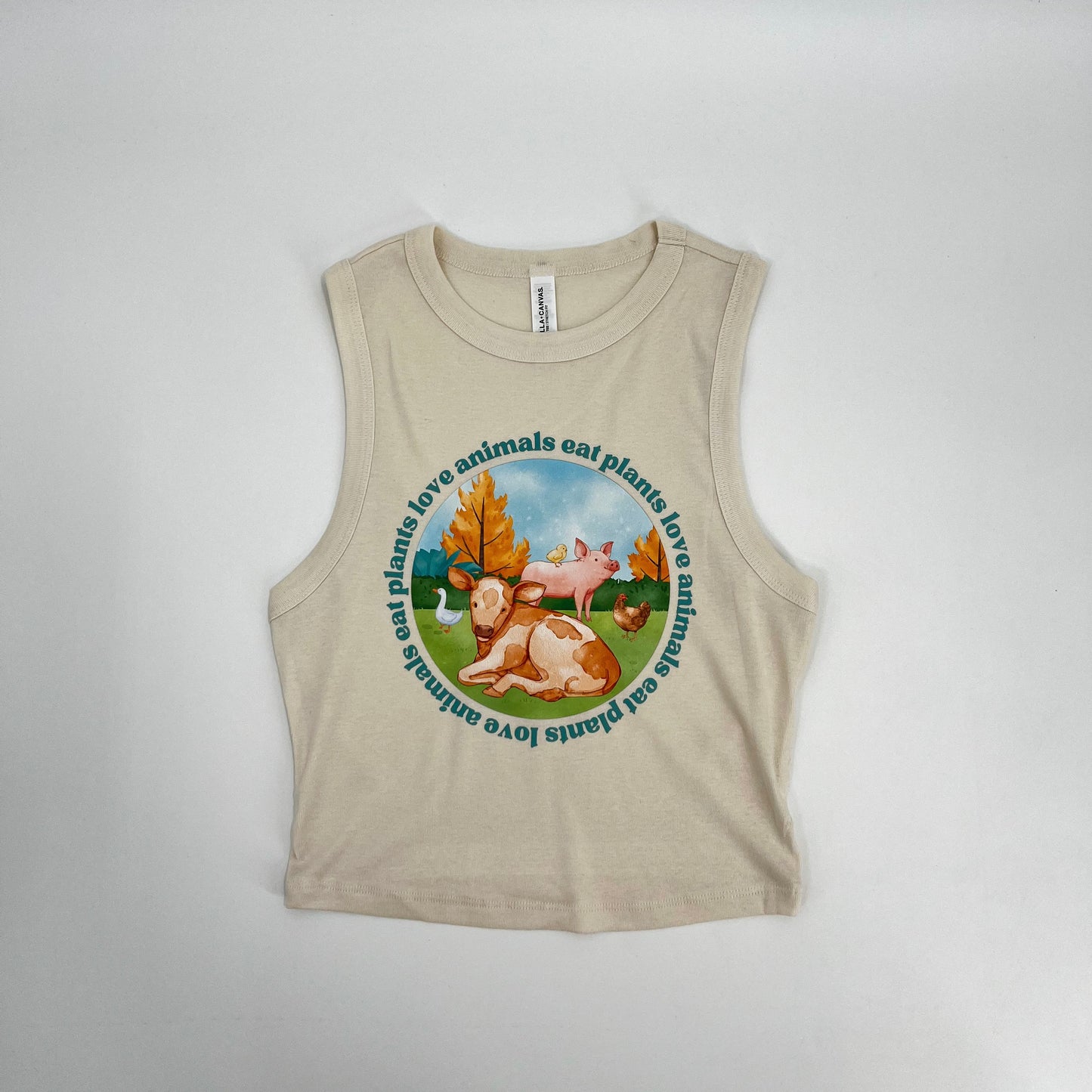 Natural colored cropped muscle tank featuring vegan activism graphic Love Animals Eat Plants