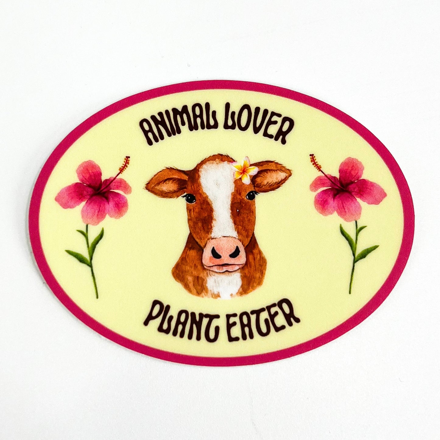 Animal Lover Plant Eater cute pink sticker with a cow and flowers