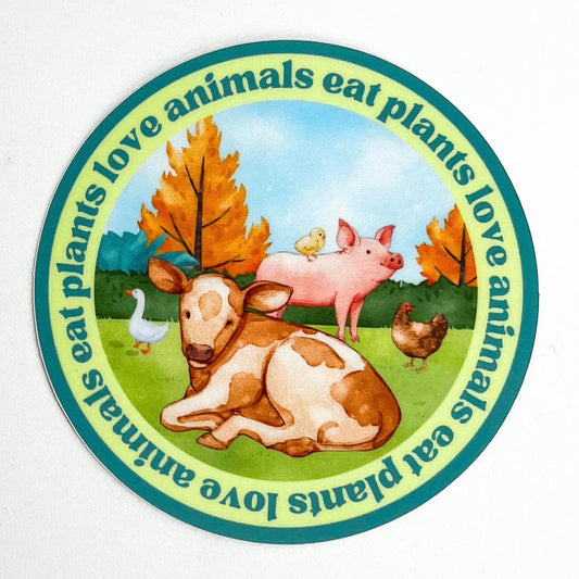 Love Animals Eat Plants vegan activism sticker with farm animal graphic