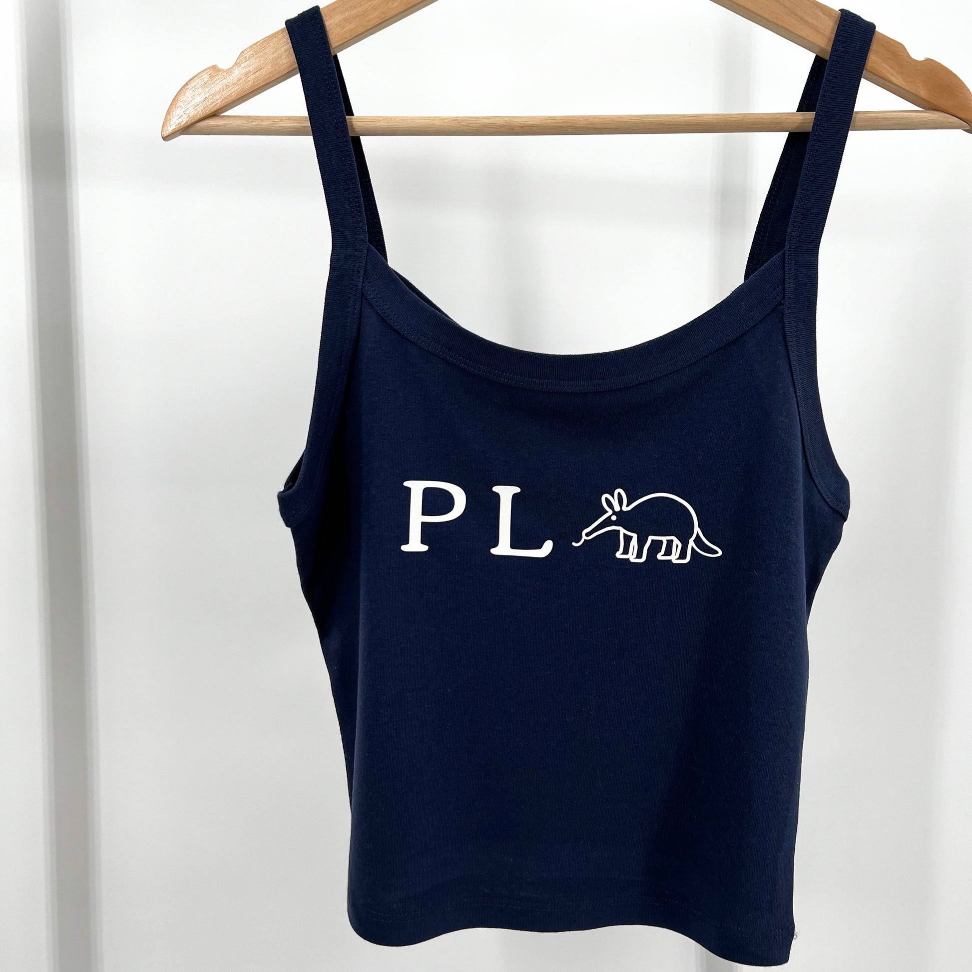 Navy blue crop top featuring funny vegan activism graphic PL-Anteater (Plant Eater)