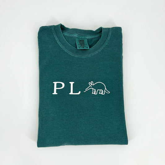 Blue vegan activism t-shirt featuring punny "P-L-Anteater" graphic