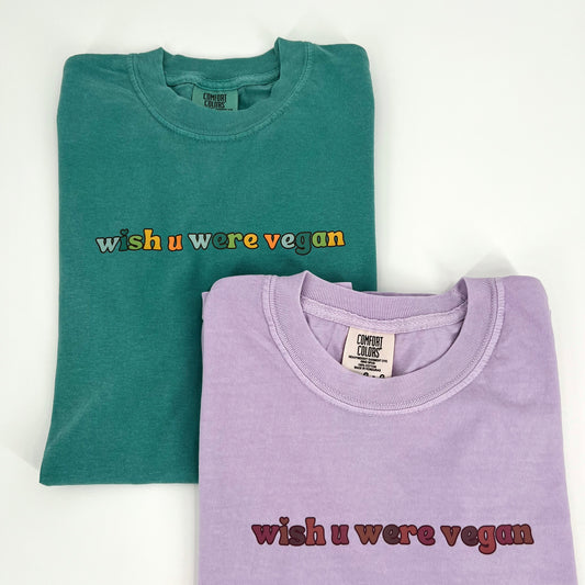 Vegan activism t-shirt featuring "wish u were vegan" graphic