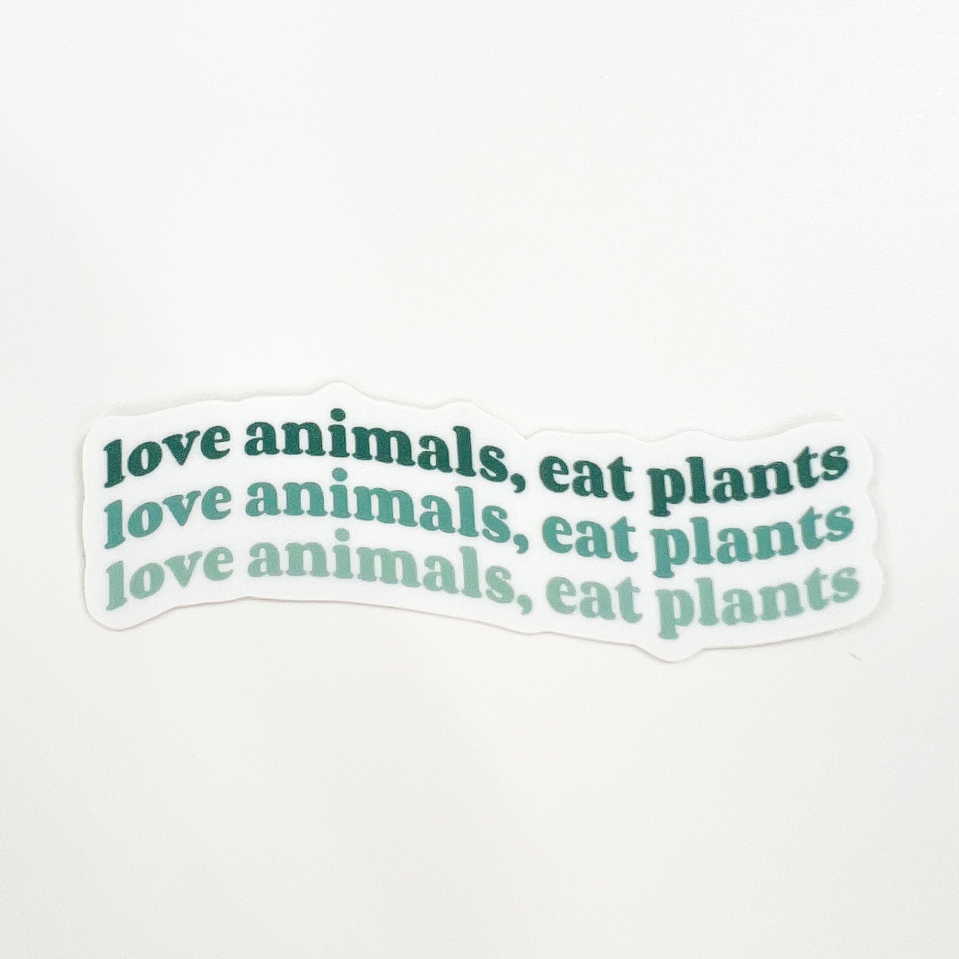 Love Animals, Eat Plants vegan activism sticker in blue wavy design