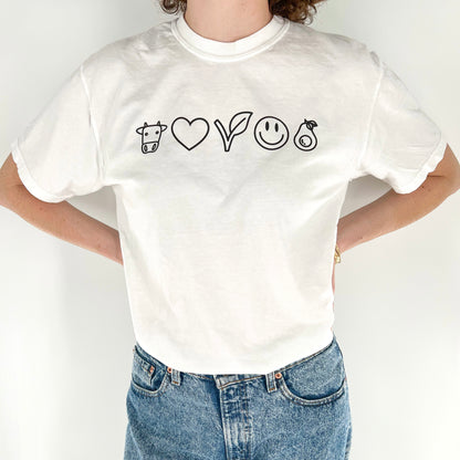 Vegan Emoji Shirt - Cow, Heart, Vegan V, Smiley Face, Avocado on white shirt with black design