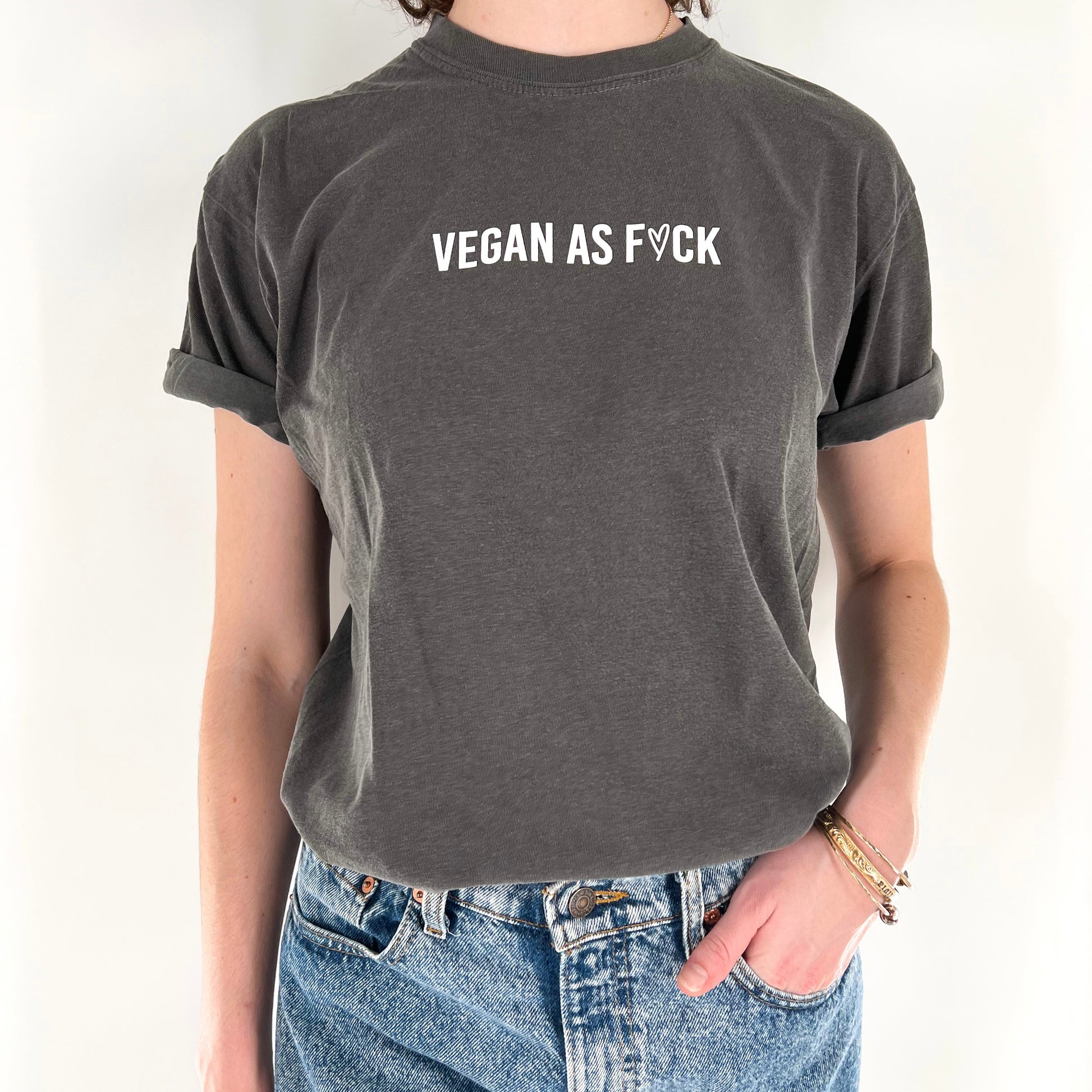 Model wearing Vegan As F*ck Shirt in dark grey with white design - vegan af