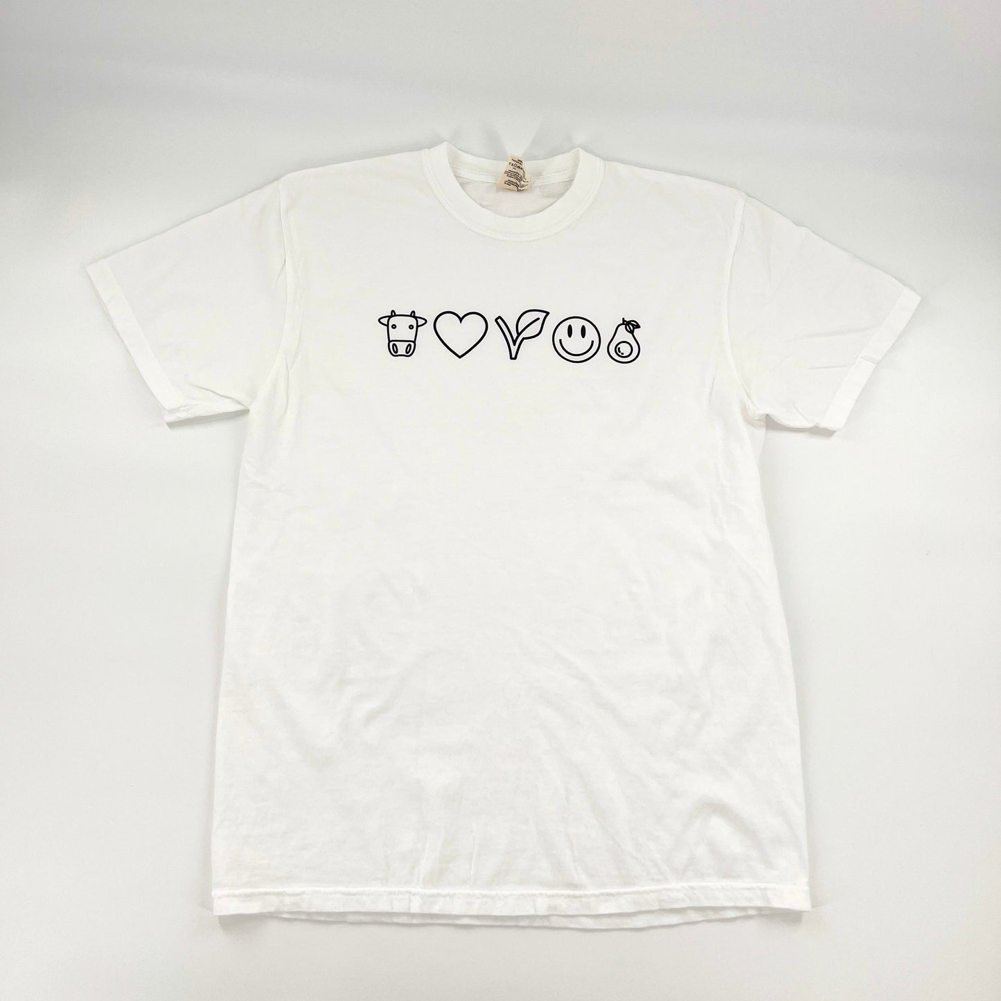 Vegan Emoji Shirt - Cow, Heart, Vegan V, Smiley Face, Avocado on white shirt with black design