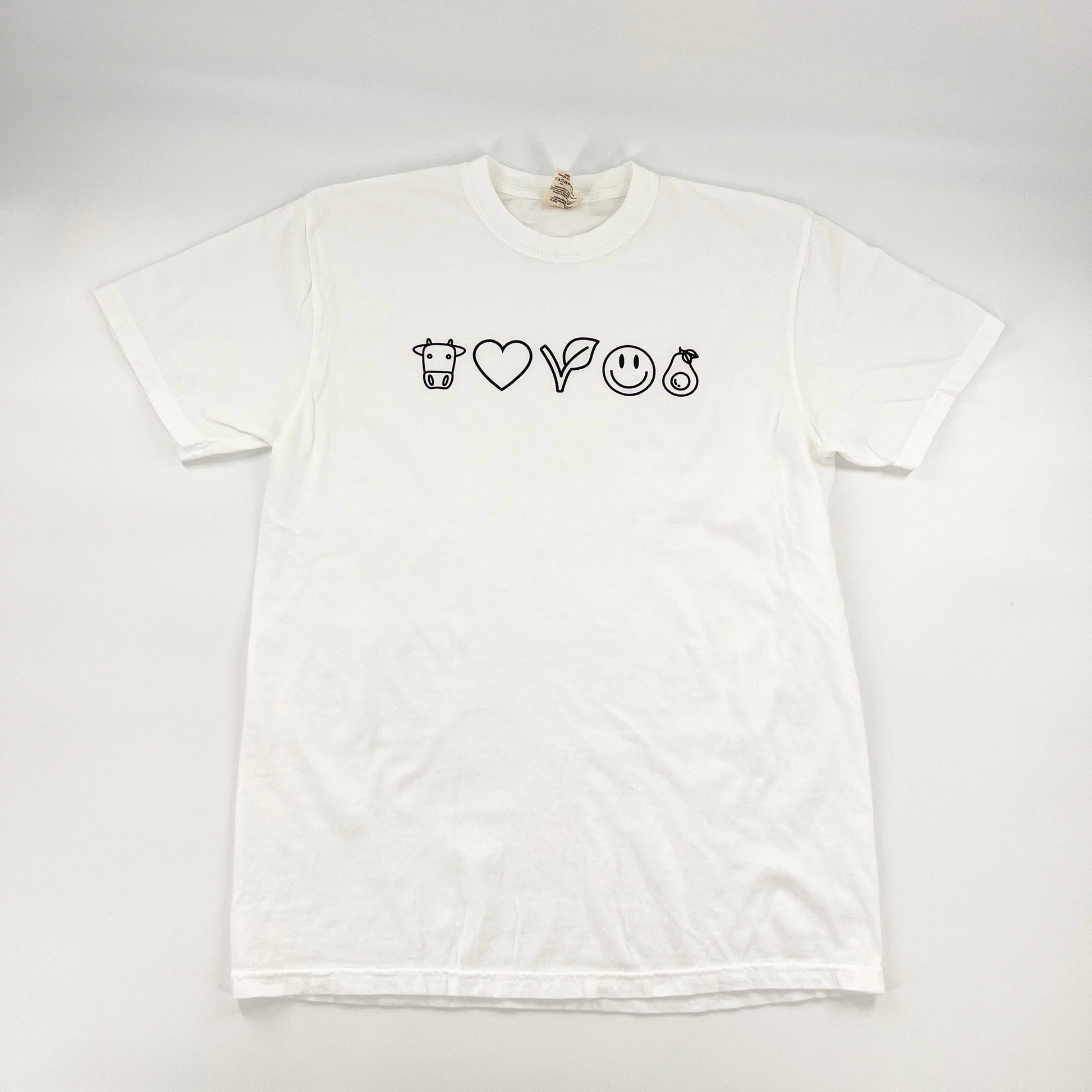 Vegan Emoji Shirt - Cow, Heart, Vegan V, Smiley Face, Avocado on white shirt with black design