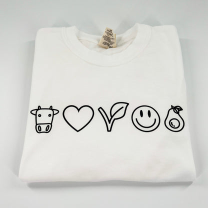 Vegan Emoji Shirt - Cow, Heart, Vegan V, Smiley Face, Avocado on white shirt with black design