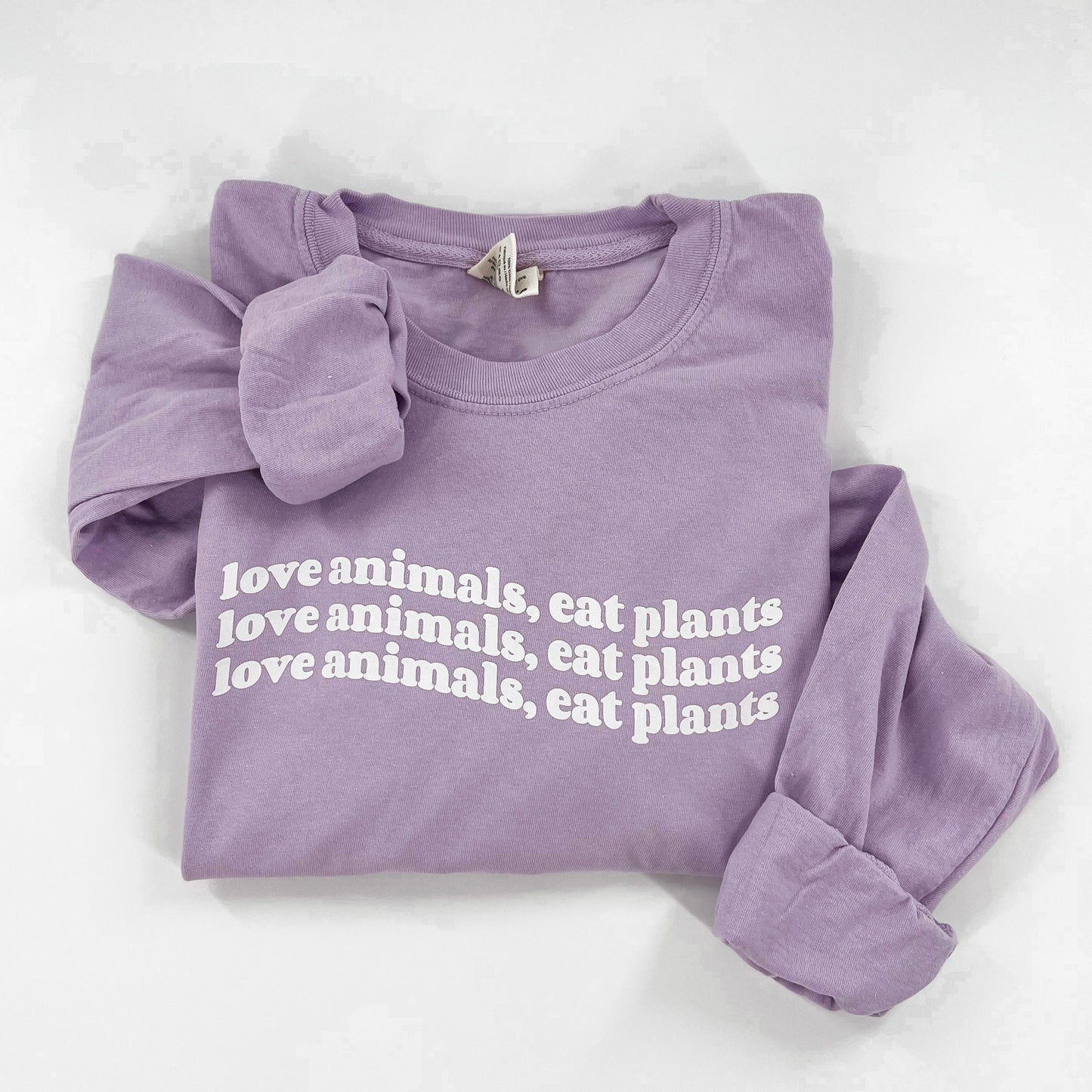 Love Animals Eat Plants purple long sleeve vegan activism shirt with wavy design