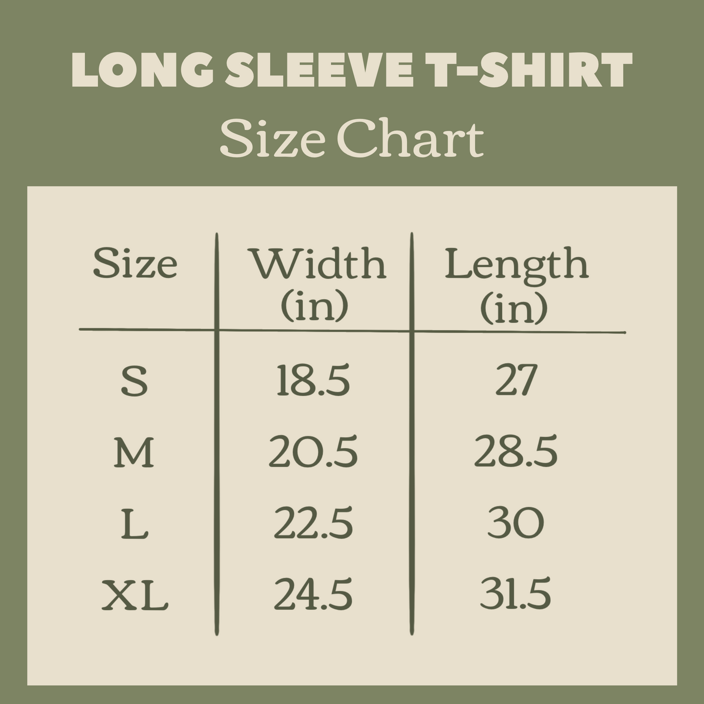 Long Sleeve T-shirt Size Chart